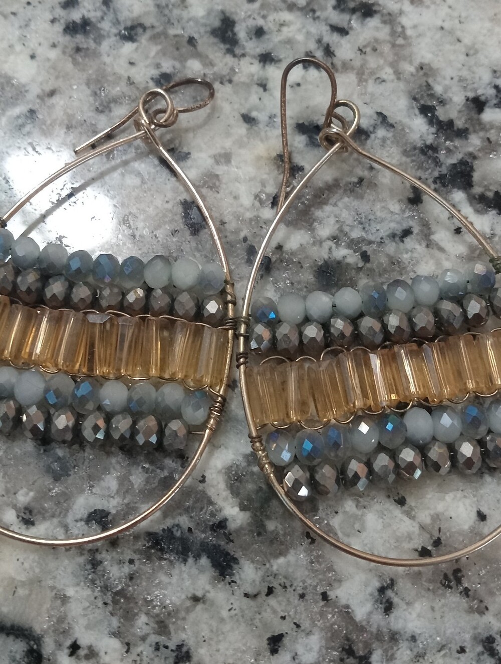 Gold-Trim Teardrop Earrings with Gray and Gold Beads